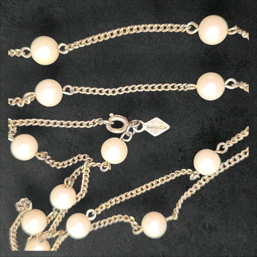 Vintage‎ Sarah Coventry Gold Tone Faux Pearl Station Necklace 36"